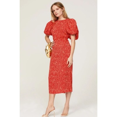 ROTATE Jacquard Red Floral Puff Sleeve Corset Open Back Cocktail Dress (No Size)