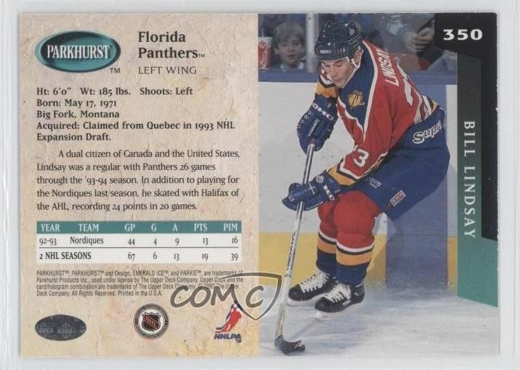 1993-94 Parkhurst Emerald Ice Bill Lindsay #350 - Image 2 of 2