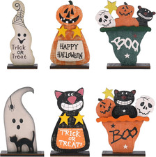 Wooden Halloween Table Top Decorations - 6PCS Retro Halloween Decor Including Bl
