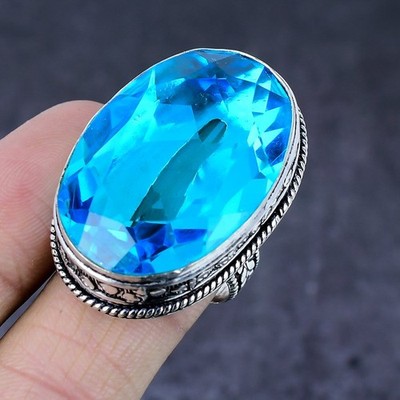 Natürlicher Schweizer Blautopas Edelstein Handarbeit 925 Stahl Silber Ring Größe 9 Y629