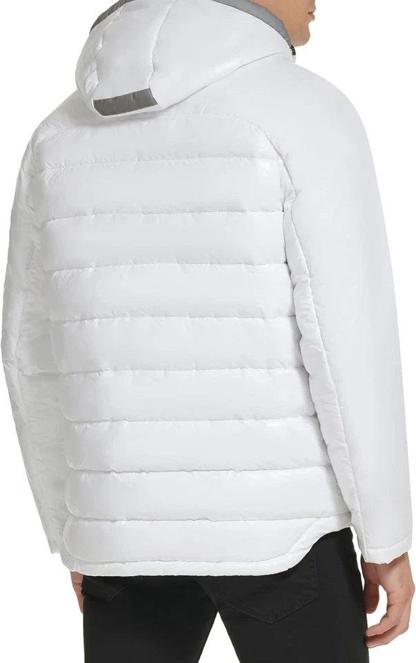 GUESS Puffer Jacket Men XL Logo Sleeve Hooded Insulated Shiny White Coat, NWT - Image 4 of 4