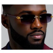 Men's Vintage Rimless Dark Black Tint Gold Frame Woodgrain Hip Hop Sunglasses