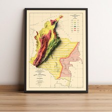 Mapa de Colombia, Mapa en relieve 2D de Colombia, Mapa vintage de Colombia - Impresión plana 2D