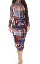 Ruched Midi Dress - Multi Color Mock Neck Long Sleeves | Size L