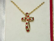 ...Gold Tone,Red Clear Austrian Crystals CROSS Pendant Necklace...