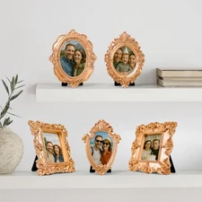Small Gold Picture Frames Set - 5 Pcs Oval Rectangle Golden Mini Frames, Baro...