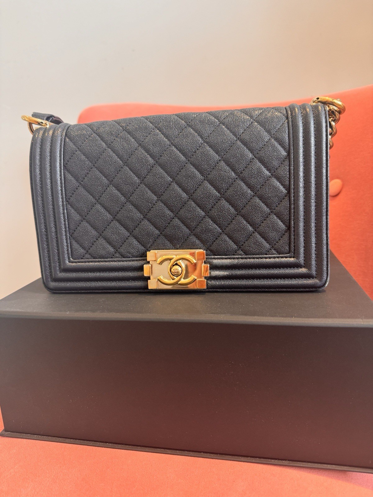 CHANEL Boy Caviar Shoulder Bag Medium Blue Leather Amazing Condition