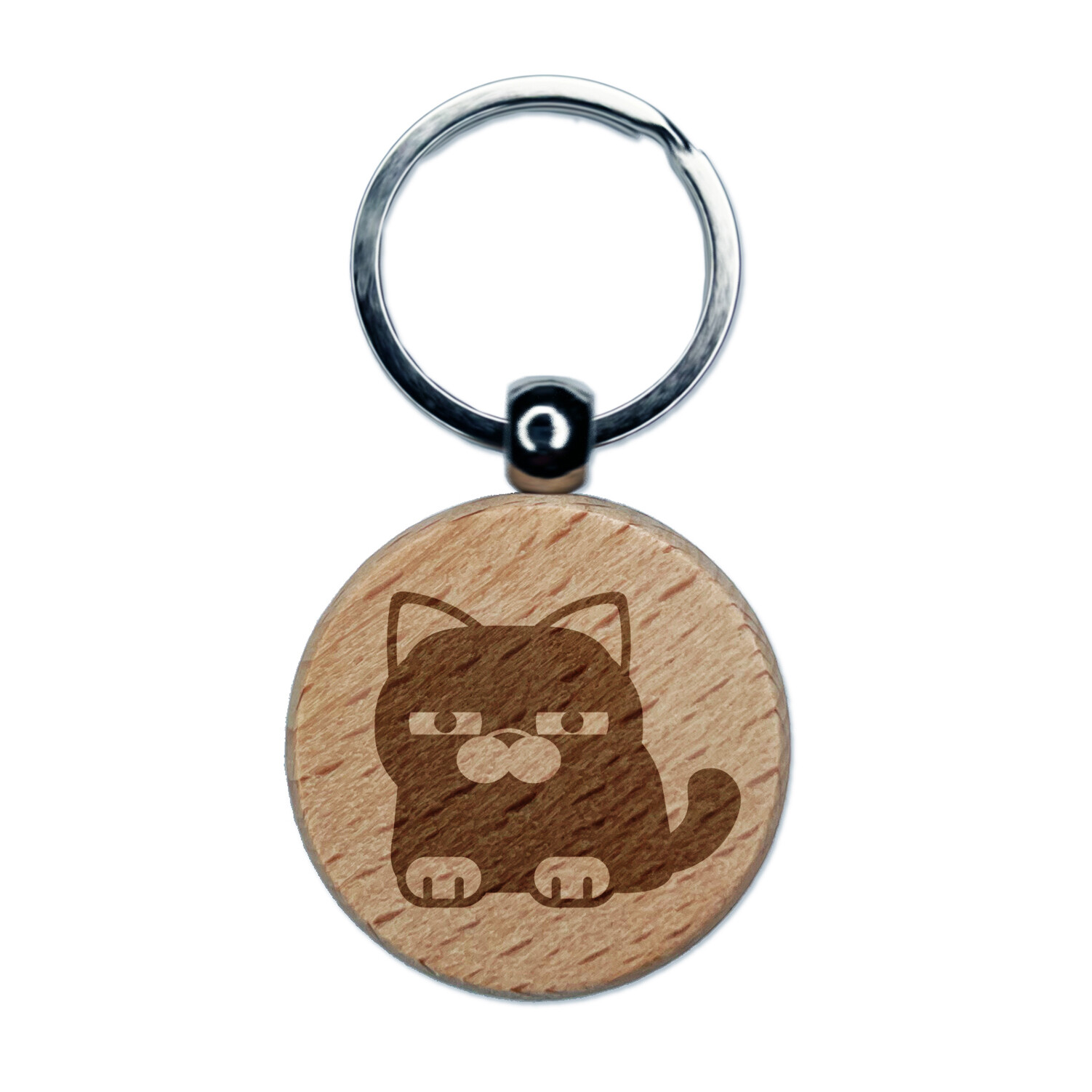 Round Cat Skeptical Engraved Wood Round Keychain Tag Charm