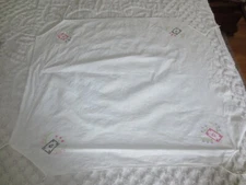 Handmade CROSS STITCH Linen CARD Tie-On TABLECLOTH - 37" x 32"