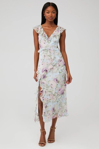 Astr The Label Tempest Floral Ruffle Midi Dress Women S Blue Ivory Lilac Floral - Picture 10 of 12