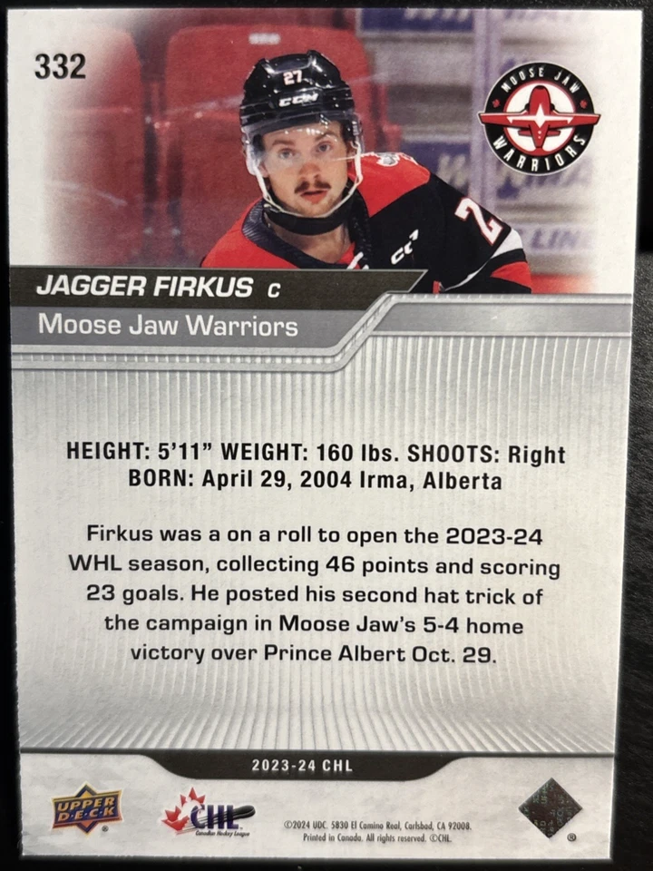 2023-24 23/24 Upper Deck CHL STARS #332 Jagger Firkus Moose Jaw Warriors - Image 2 of 2