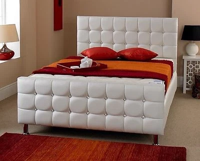 TIME4DREAMZ Cube Diamante Leather Bed With Crystal Diamonds White 4FT6 Double 5FT King Size