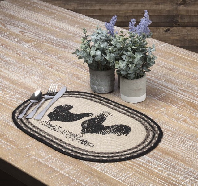 Rooster Braided Placemat Set of 6 Ivory & Gray Country Farmhouse Sawyer
