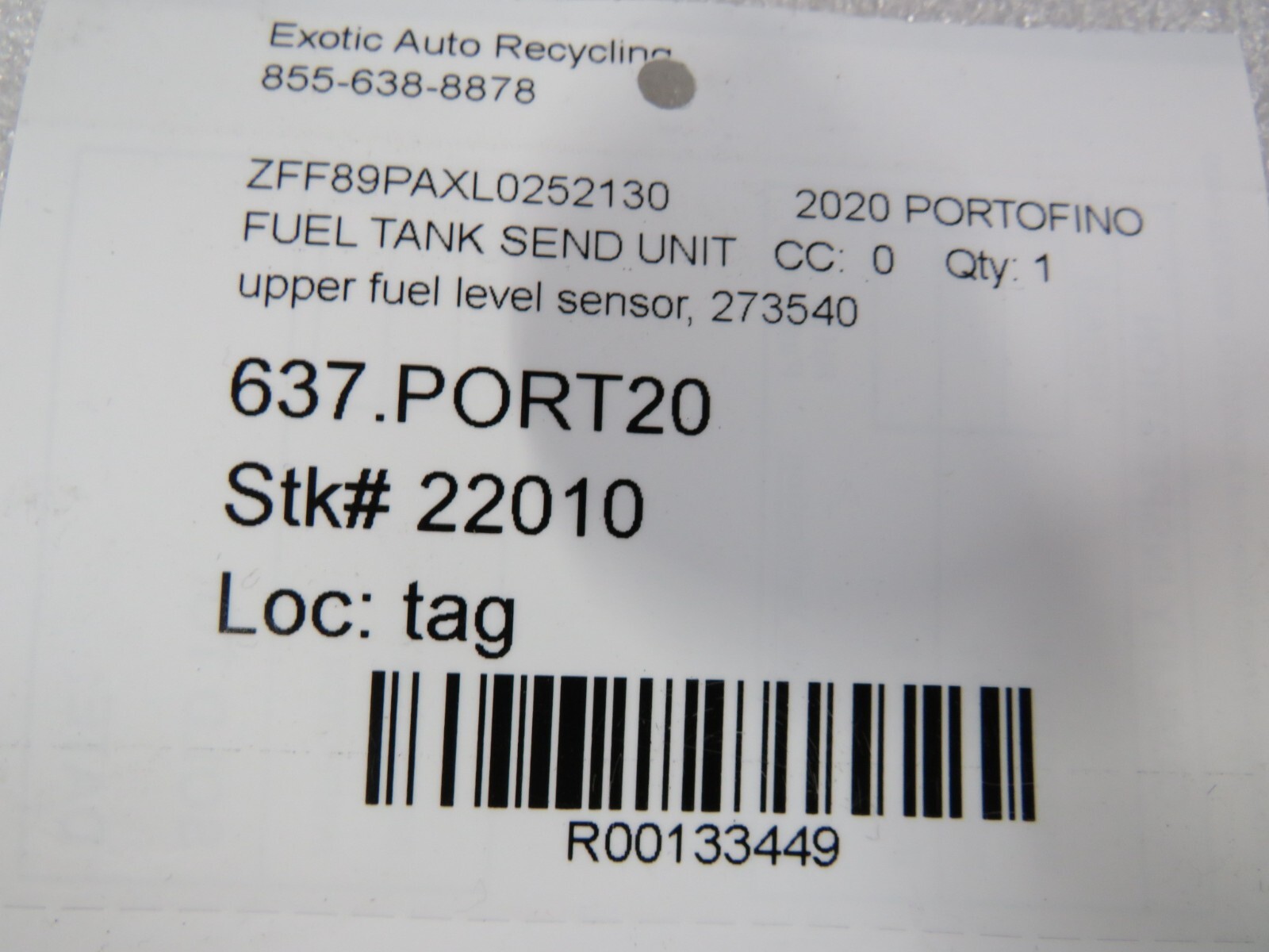 Ferrari Portofino, California T, 458, FF, Fuel Inclination Sensor, Used, 273540