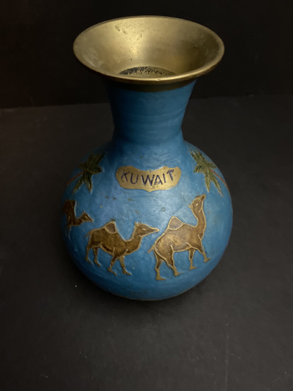 Vintage Enameled Solid Brass Vase KUWAIT Camels Palm Trees 6 Inches