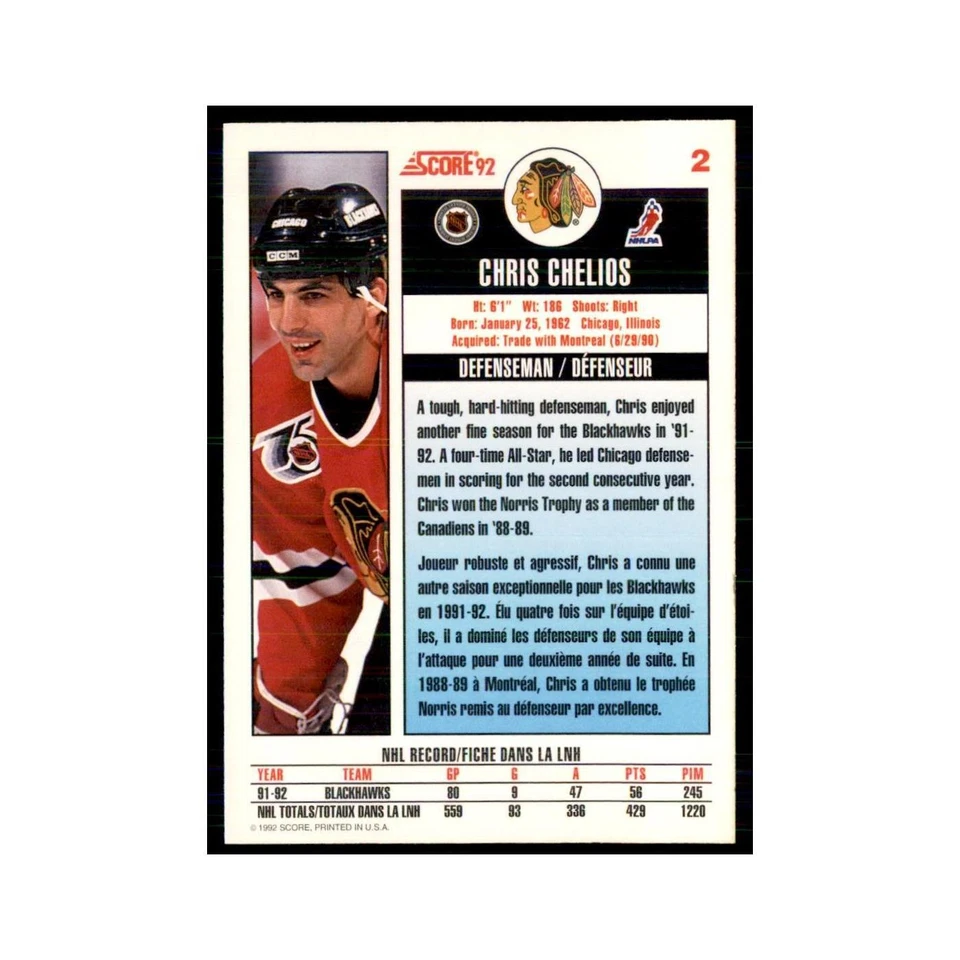 1992 Score Canadian Chris Chelios Chicago Blackhawks #2 - Image 2 of 3