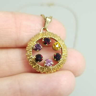 Vintage Anson Red Purple Pink Rhinestone Round Circle Pendant Necklace, 18 Inch