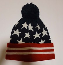 US FLAG BEANIE KNITTED MULTI COLOR D.BLUE, WHITE AND RED PULLOVER POM CAP HAT