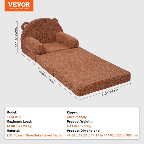 VEVOR Baby Chair Foldable 2-in-1 Baby Lounger Couch Cartoon Kids Sofa Brown - Picture 7 of 12