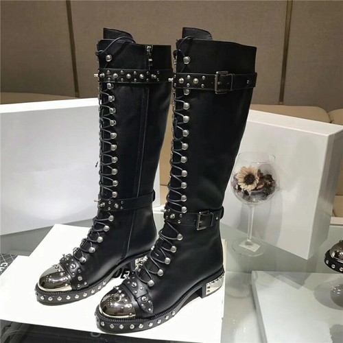 Women Leather Punk Floral Lace Up Zip Buckle Combat Knee High Boots Party Shoes - Bild 4 von 10