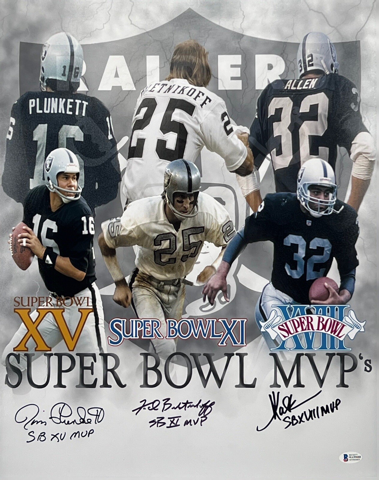 Fred Biletnikoff Jim Plunkett Marcus Allen Autographed Signed Oakland Raiders 16x20 Photo *SB MVPs* BAS 