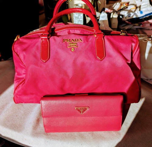 Authentic PRADA Nylon Patent Leather Logo Tote Bag Pink Red Used LE