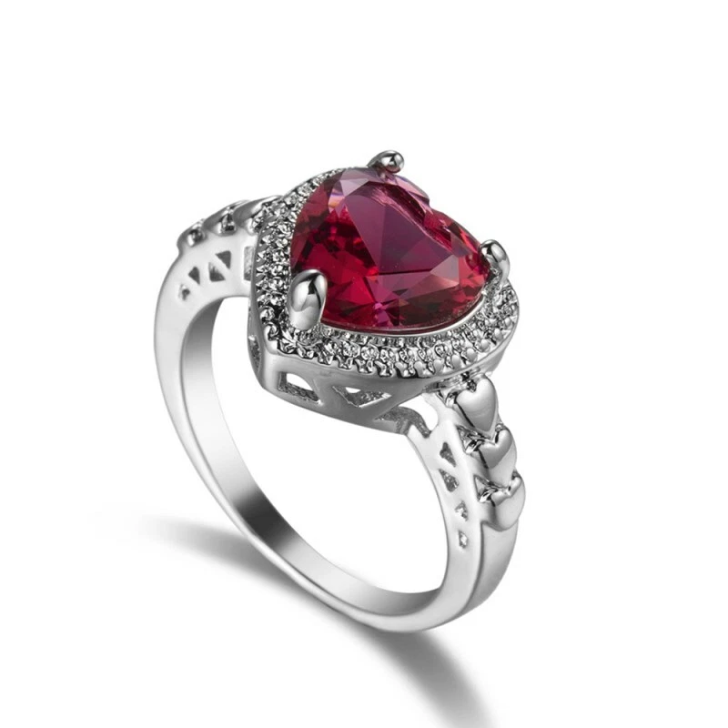 Love Heart Pendant Girl Red White Gold Filled Necklace Earrings Ring Jewelry Set - Image 4 of 4