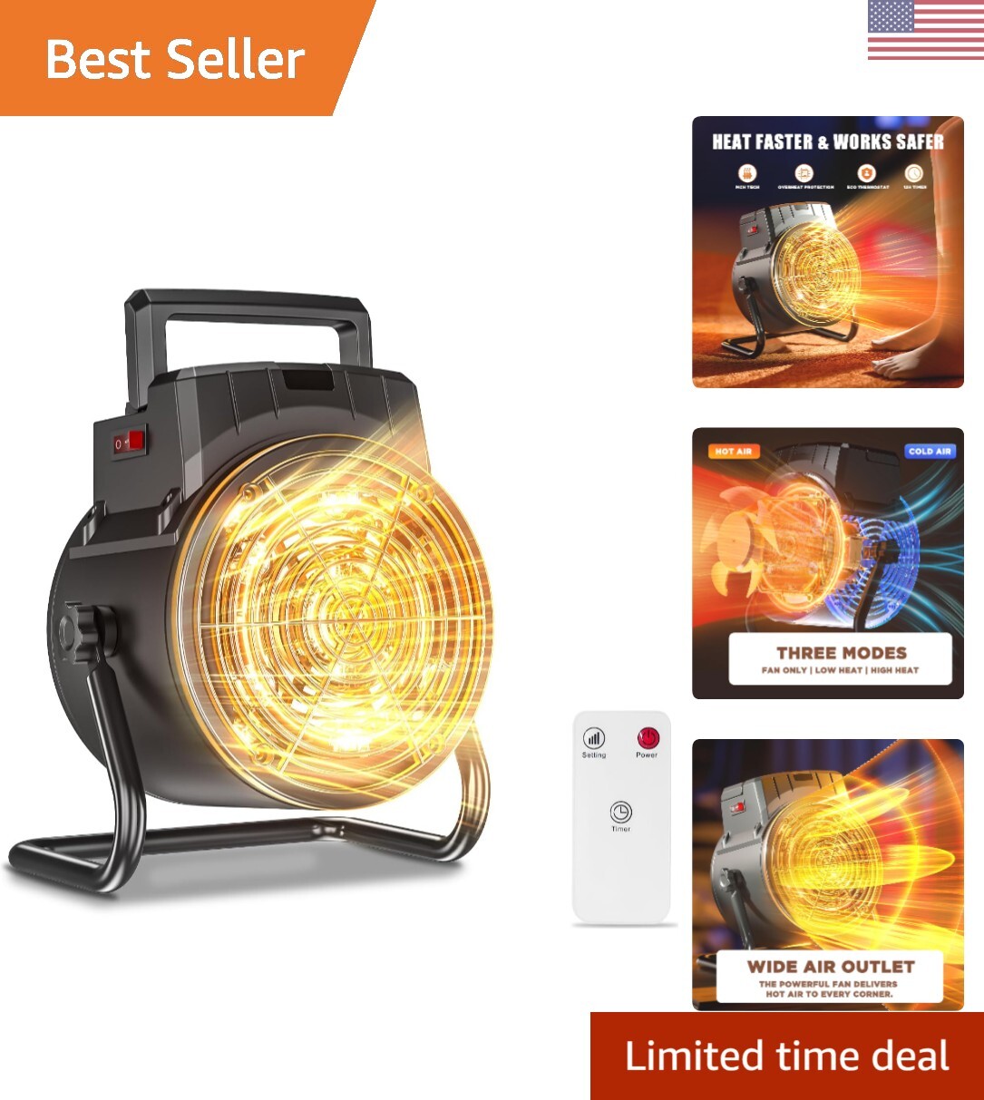 Portable Electric Fan Heater with Thermostat - 1500W, 3 Modes, Overheat Prote...-image