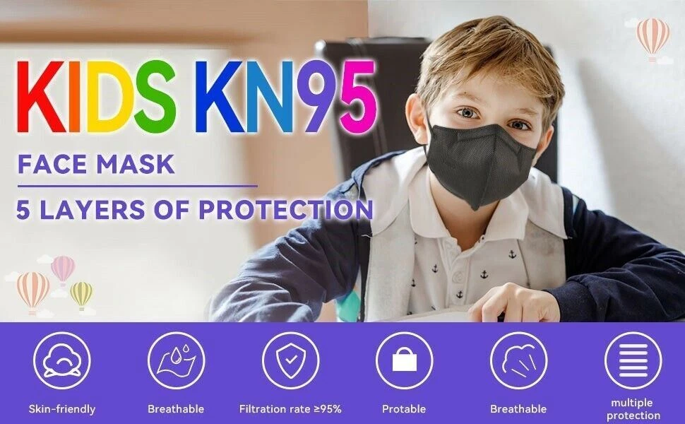 100 Pcs Black KN95 For Kids Children 5 Layer Face Mask Mouth Cover Protection