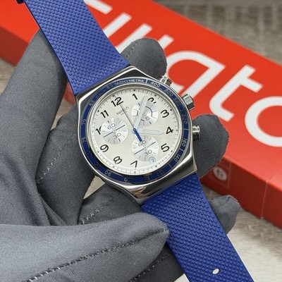 NEW  Swatch Irony FRESCOAZUL Chronograph Blue Silicone Steel Men's Watch YVS439