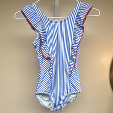 Cat  Jack Girls XS 4/5 Blue/White Striped Ruffle One Piece Swimsuit b4