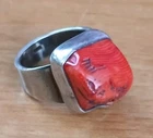 Vintage Sterling Silver Raw Red Chunky Coral Band Ring Size 8.5/9