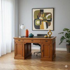 Scrivania Antica Rovere Inserto Pelle Nera 3 Cassetti Italia '800 Originale