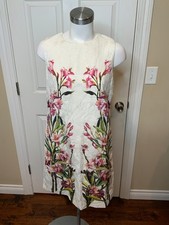 Dolce&Gabbana White Floral Jacquard Pink Lilly Print Shift Dress, Size 6 | 42