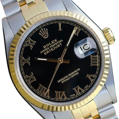 Rolex Datejust 16233 Two-Tone Black Roman 18KY Fluted Bezel Jubilee Band Watch