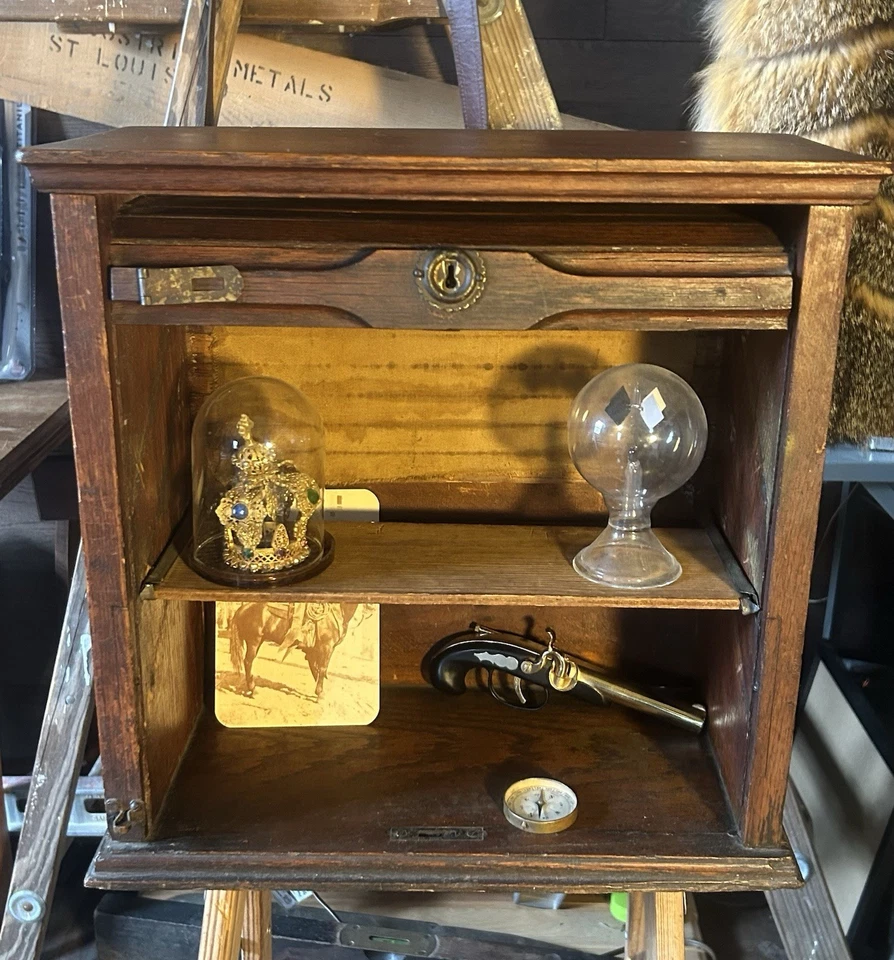 ANTIQUE OAK Two Shelf ROLL-TOP Train Watch CABINET Primitive Old West 1800s NICE - Image 3 of 4