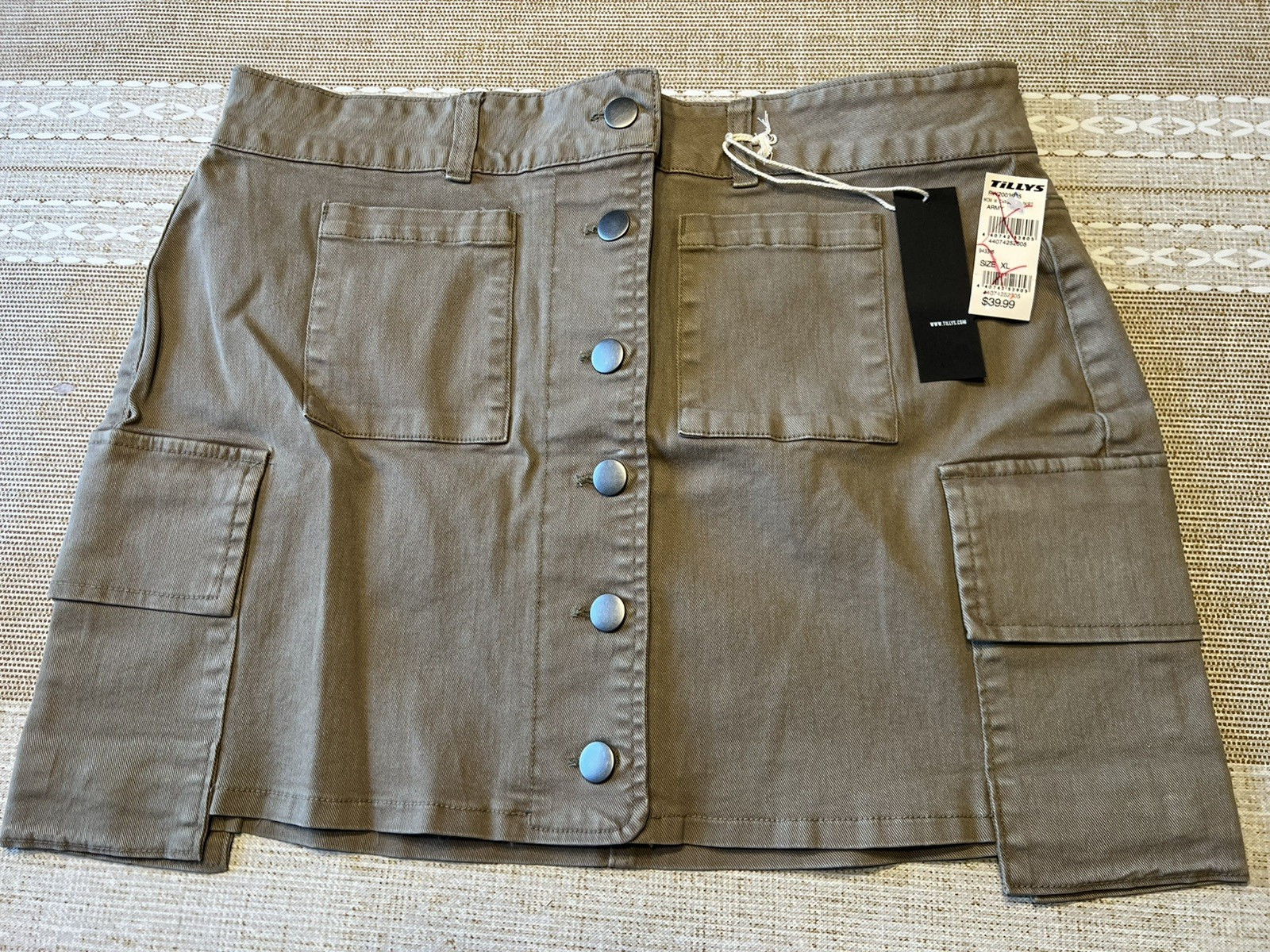 Women’s Denim Mini Skirt Button-Front Closure Army Green Cargo Pockets Size XL