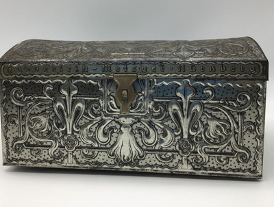Tin Box Silver Color Haeberlein-Metzger Nuenberg Marked 10 Inches x 5.5 Inches
