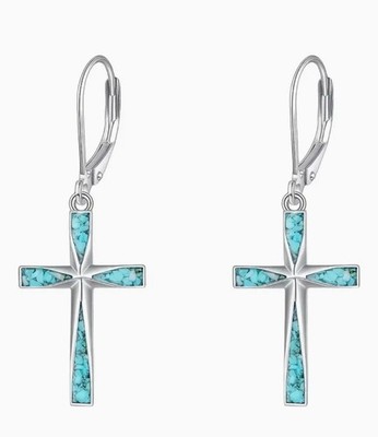 Cross with inlaid greenstones inside Earrings, New #AB-376-R2