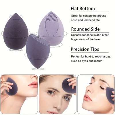 4 Pack Makeup Sponge Blender Set Foundation Latex Free Wet Dry Purple Pink