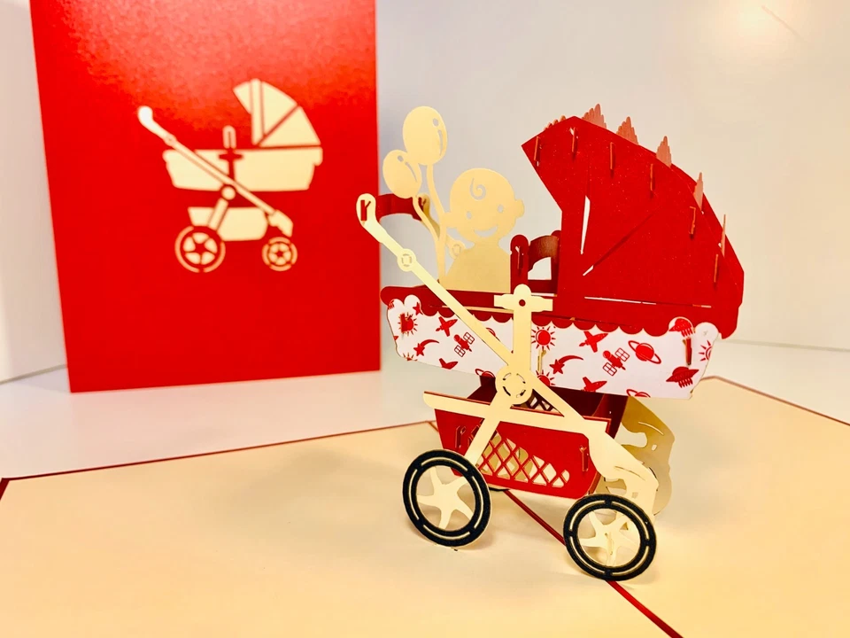 Tarjetas Pop Origami Cochecito Metálico Cochecito de Bebé en Rojo Recién Nacido Bebé 3D Tarjeta Pop Up Foto 4 de 4