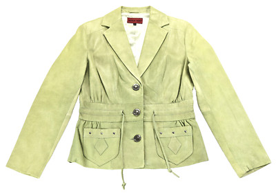 leather jacket S lime green italy nicola berti soft button tie pockets pleated