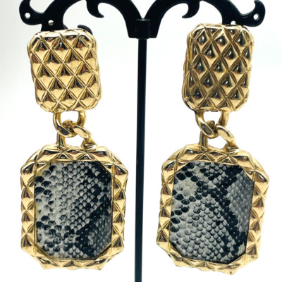 Chunky Snake Skin Dangle Earrings Gold Tone Gaudy Glam