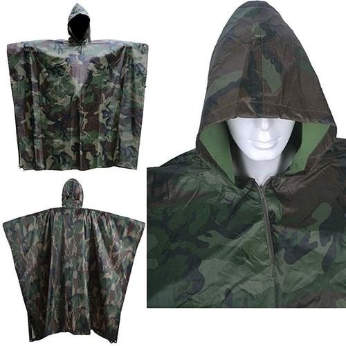 Rain Poncho Waterproof Raincoat Cover Rain Cape Hooded Hiking Camping Military - Picture 16 of 16