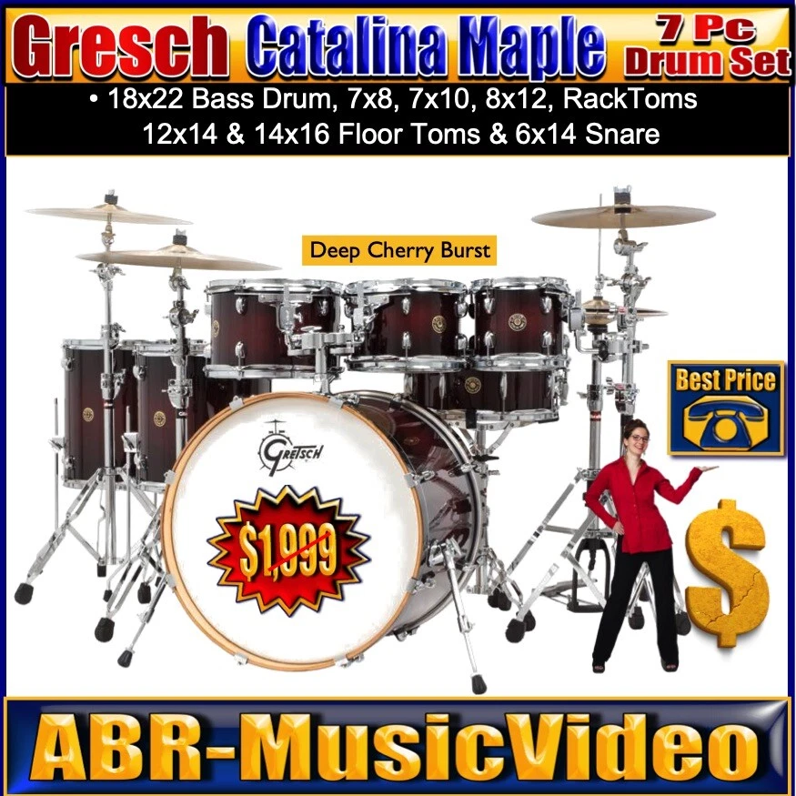 Gretsch Catalina Maple 7 pc Drum Set Deep Cherry Burst CM1 E826P DCB