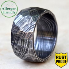 12mm Wide Custom Raw Damascus Steel Rugged Hammered Ring Hand Forged Band Mens
