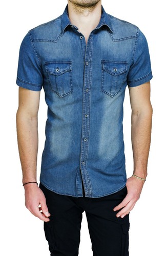 CAMICIA DI JEANS UOMO DIAMOND MANICHE CORTE BLU DENIM ESTIVA SLIM FIT | eBay