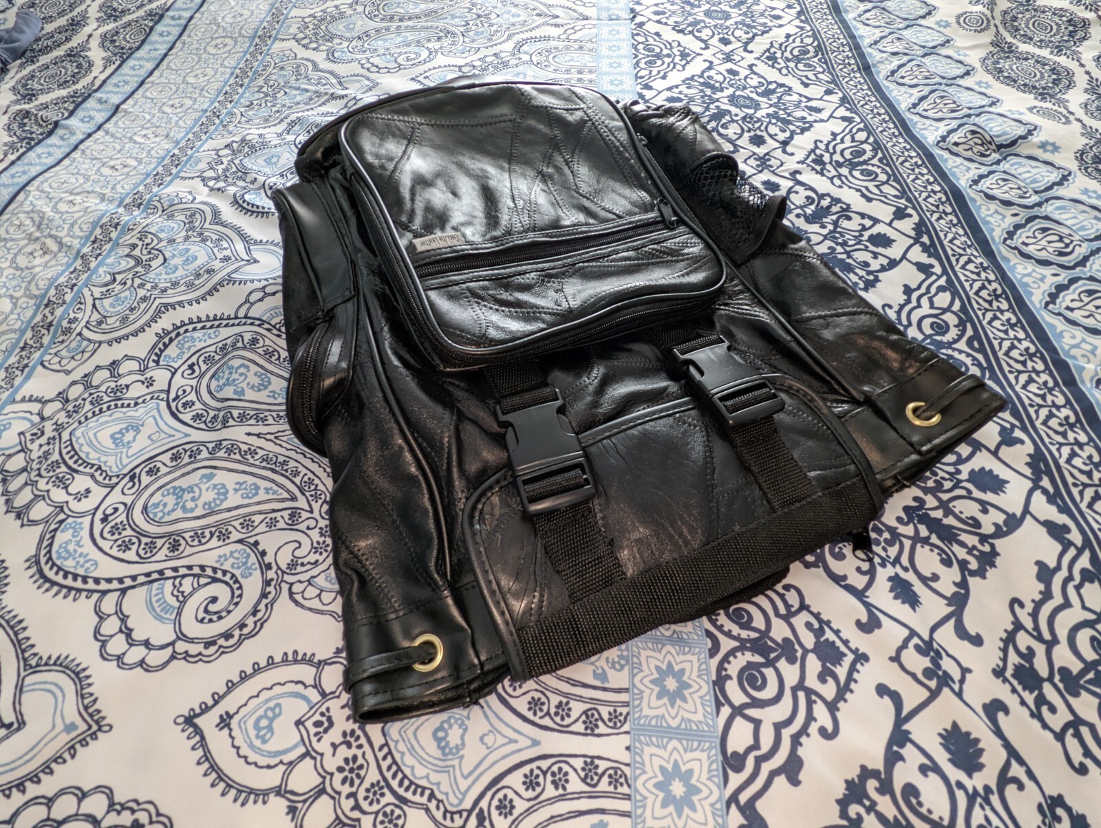 Leather Patchwork Backpack With Drawstring Top Un… - image 2