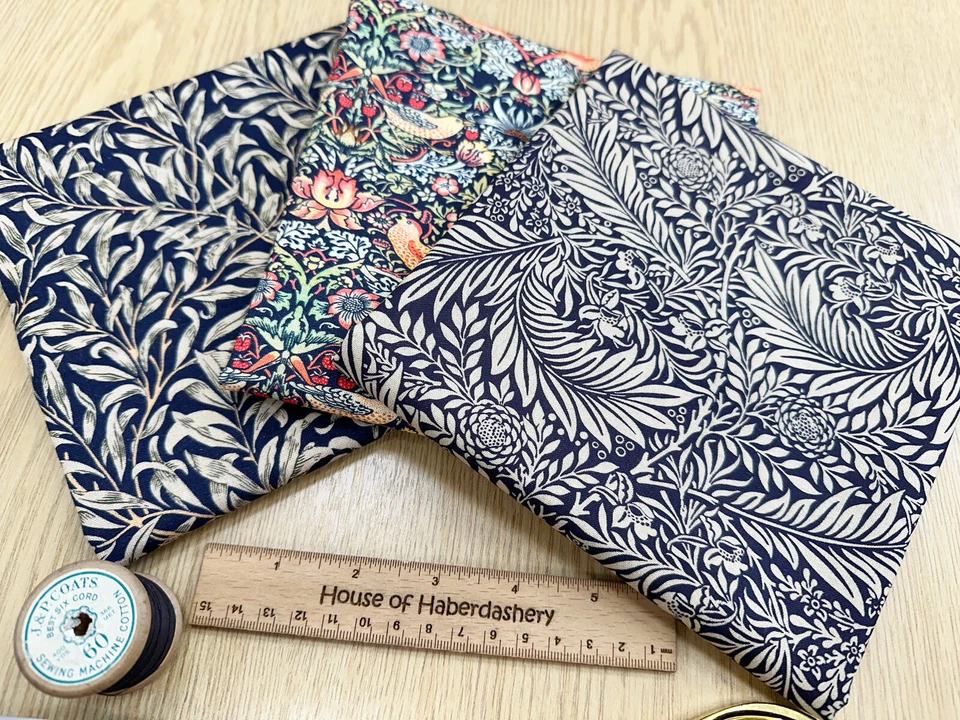 FAT QUARTER FABRIC BUNDLE - William Morris Navy Blue Floral Bird Print Fabric - Image 2 of 3