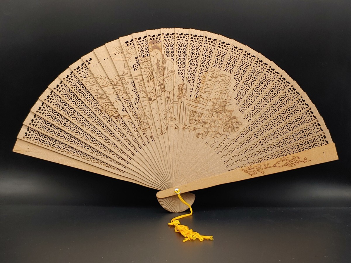 檀香宮扇 高档檀香木雕礼品扇仕女宫乐图锦盒Antique Chinese Sandalwood Hand